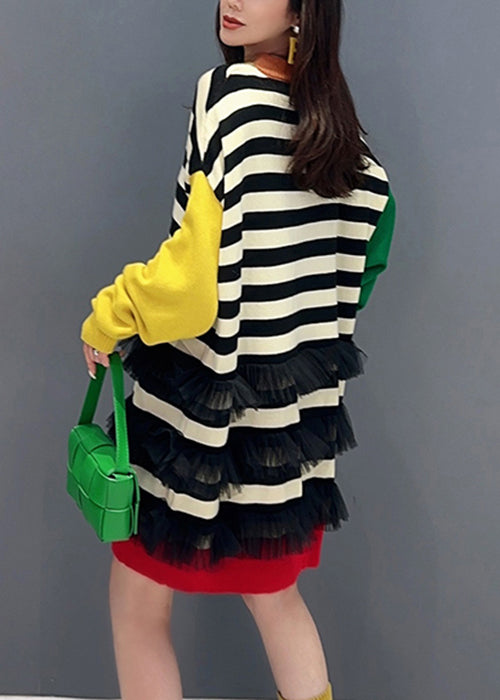 Chic Striped O Neck Tulle Patchwork Cotton Knit Mid Dress Fall