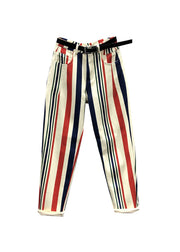 Chic Striped Pockets Patchwork High Waist Denim Pants Fall