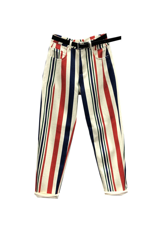 Chic Striped Pockets Patchwork High Waist Denim Pants Fall