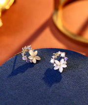 Chic Unique Gold Sterling Silver Alloy Zircon Floral Stud Earrings