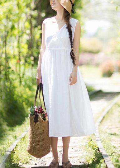 Chic V Neck Sleeveless Summer Clothes Design White Traveling Dress - SooLinen
