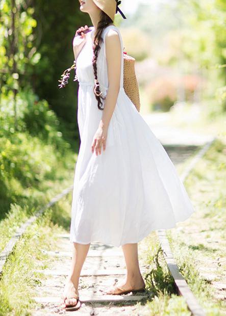 Chic V Neck Sleeveless Summer Clothes Design White Traveling Dress - SooLinen