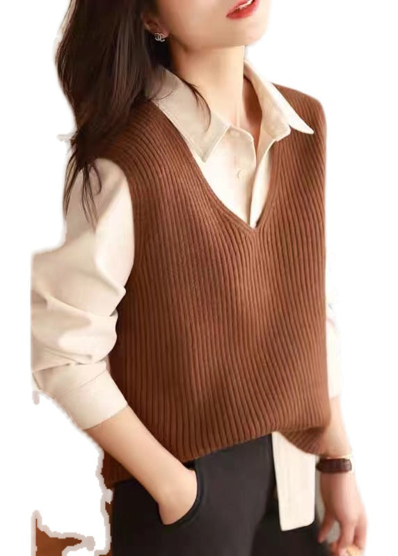 Chic Versatile Caramel V Neck Woolen Vest Tops Sleeveless