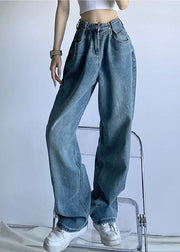 Schicke Vintage Blaue Hose mit weitem Bein und hoher Taille aus Baumwolldenim mit weitem Bein Sommer
