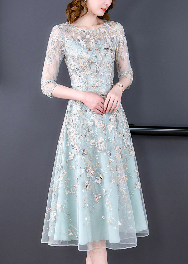 Chic Water Blue O-Neck Embroidered Floral Tunic Organza Long Dress Half Sleeve