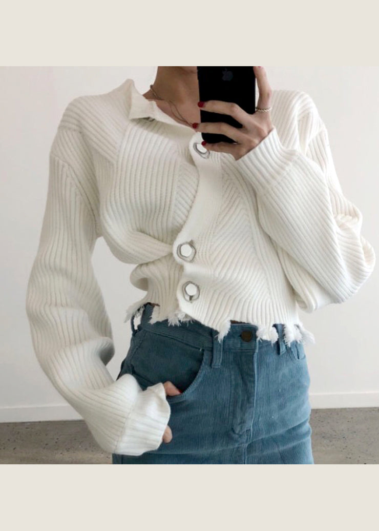 Chic White Asymmetrical Button Patchwork Knit Sweaters Fall
