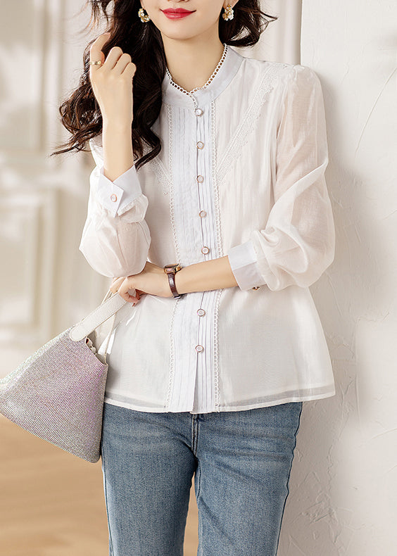 Chic White Button Lace Patchwork Shirts Long Sleeve
