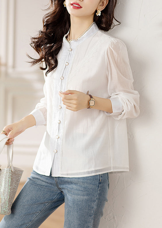 Chic White Button Lace Patchwork Shirts Long Sleeve