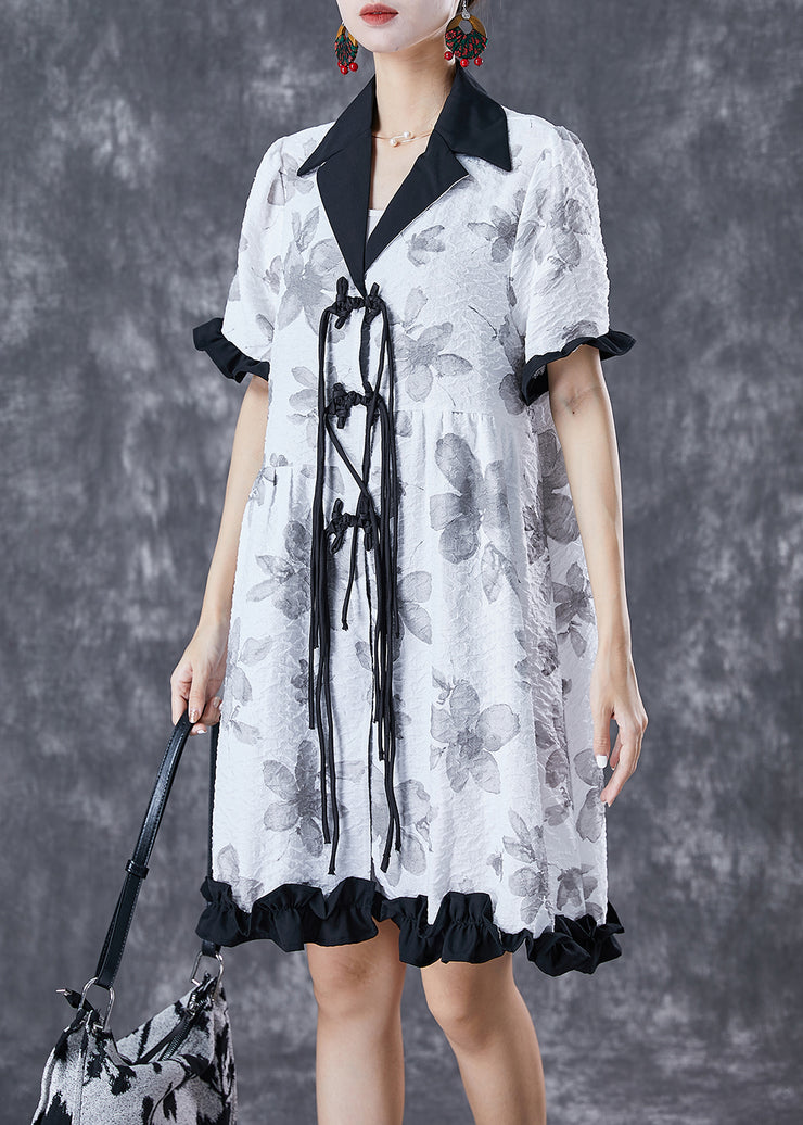 Chic White Chinese Button Ruffled Patchwork Jacquard Dress Summer
