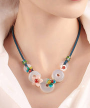 Chic White Cloisonne Shell Flower Agate Pendant Necklace