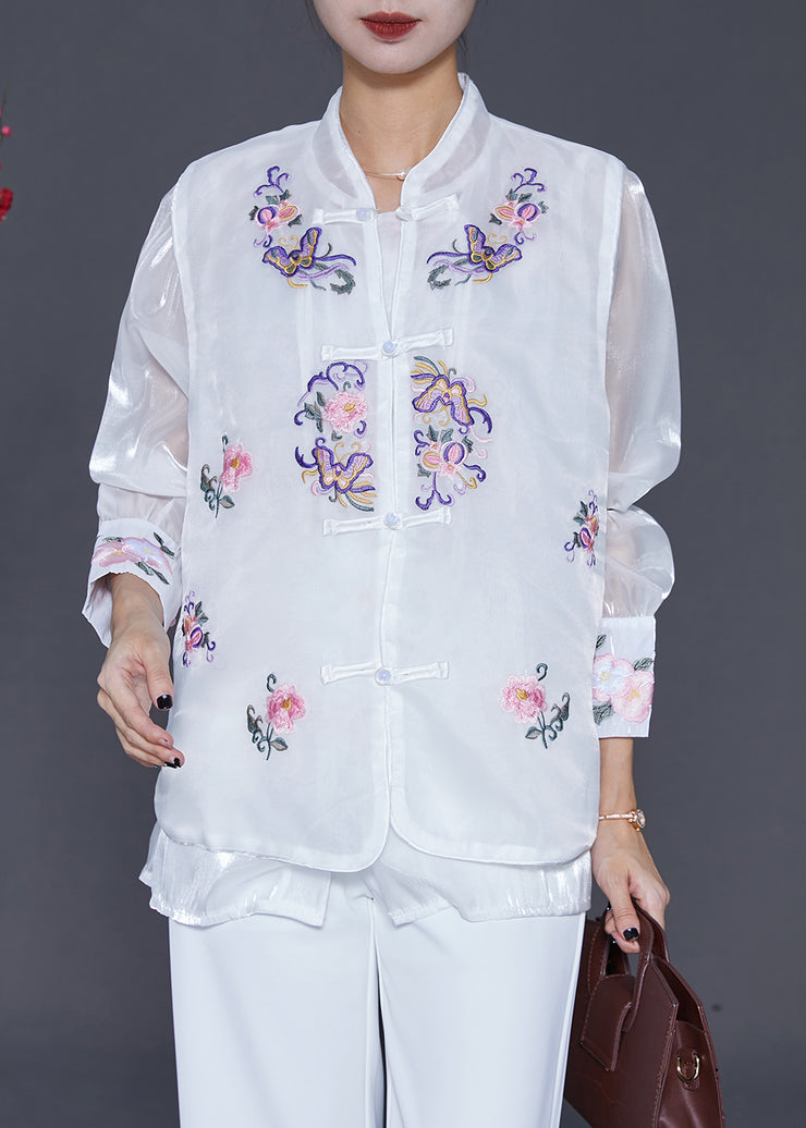 Chic White Embroidered Chinese Button Silk Two Pieces Set Fall