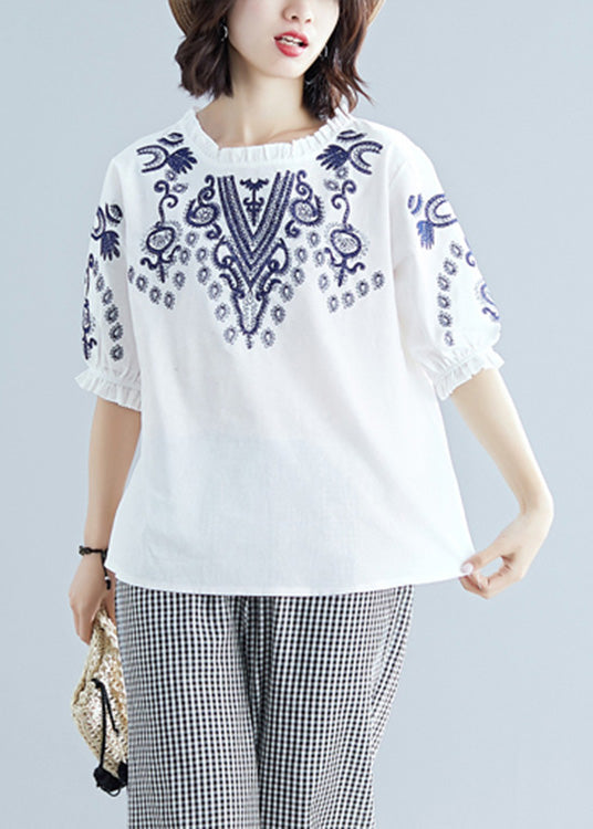 Chic White Embroideried Cotton T Shirt Summer