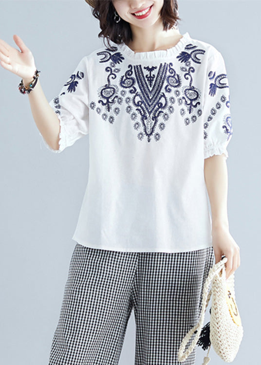 Chic White Embroidered Cotton T Shirt Summer