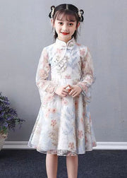 Chic White Embroidered Patchwork Hollow Out Tulle Girls Maxi Dress Long Sleeve