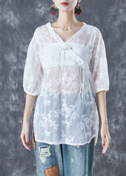 Chic White Embroidered Tassel Tulle Shirt Tops Summer