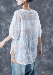 Chic White Embroidered Tassel Tulle Shirt Tops Summer