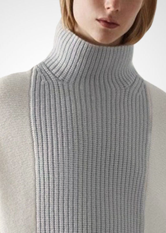 Chic White High Neck Asymmetrical Patchwork Wool Knit Pullover Winter