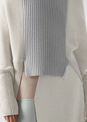 Chic White High Neck Asymmetrical Patchwork Wool Knit Pullover Winter