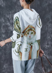 Chic White Hooded Cat Print Mink Hair Knitted Sweaters Winter