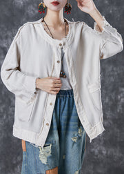 Chic White Oversized Pockets Linen Jacket Fall
