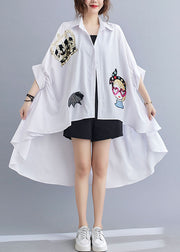 Chic White Oversized Sequins Applique Low High Design Cotton Tops Batwing Sleeve