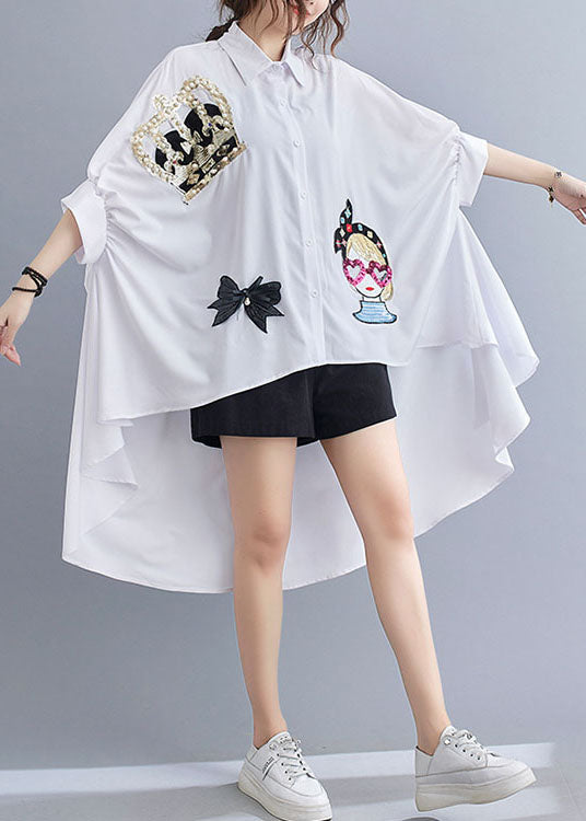 Chic White Oversized Sequins Applique Low High Design Cotton Tops Batwing Sleeve
