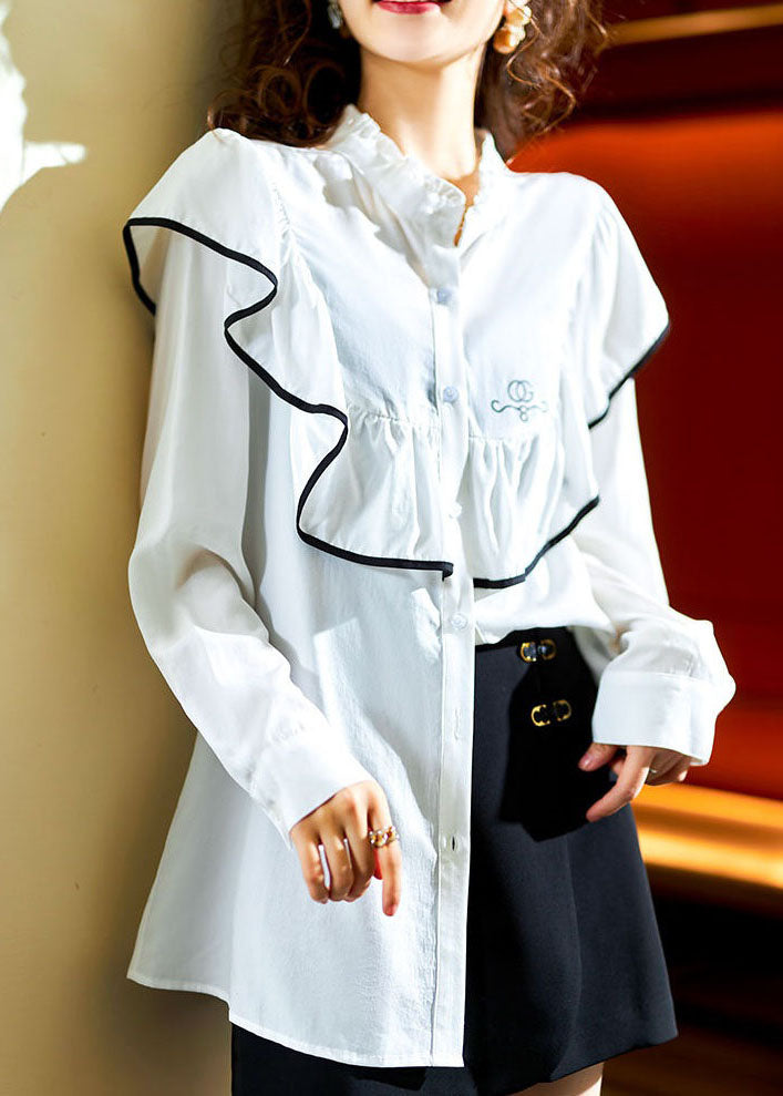 Chic White Ruffled Button Patchwork Cotton Top Long Sleeve
