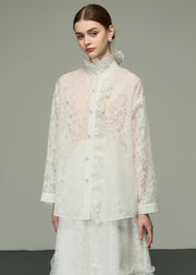 Chic White Ruffled Jacquard Patchwork Silk Shirts Tops Long Sleeve