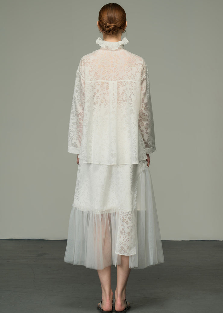 Chic White Ruffled Jacquard Patchwork Silk Shirts Tops Long Sleeve