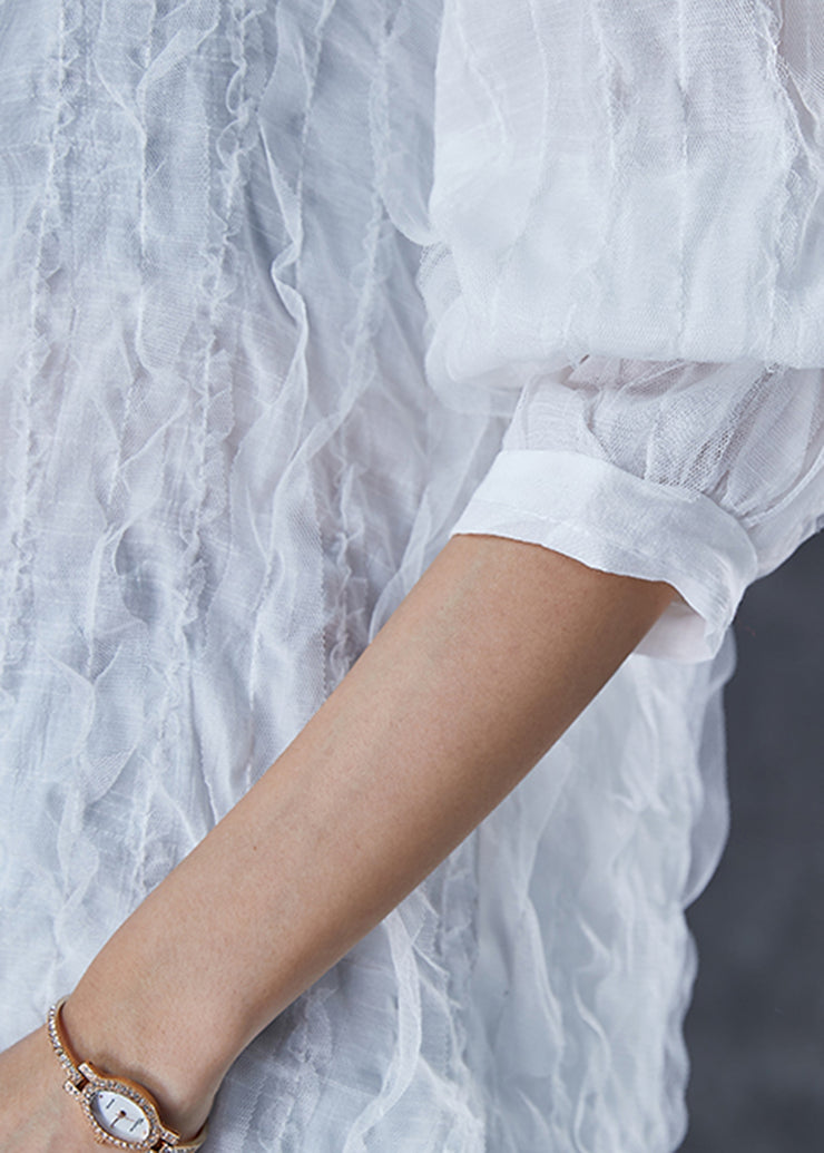 Chic White Ruffled Low High Design Cotton Shirt Top Fall