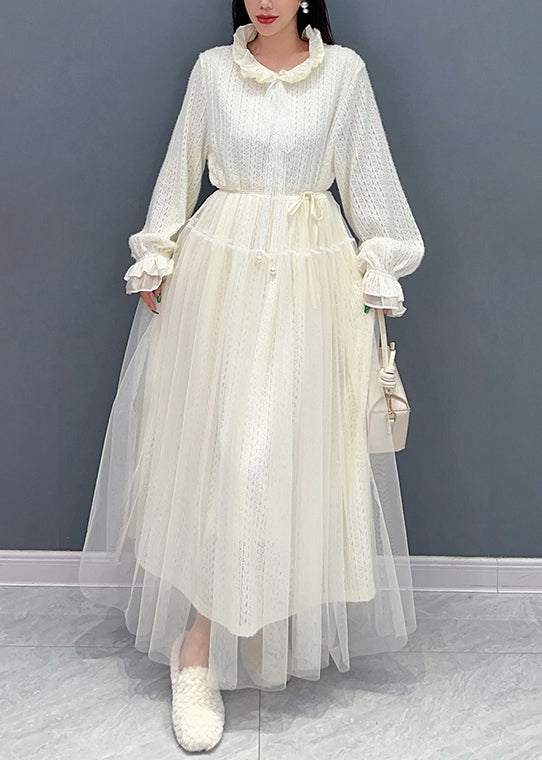 Chic White Ruffled Tulle Lace Dresses Long Sleeve