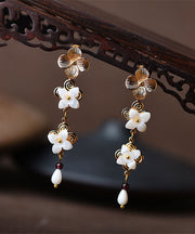Chic White Shell Flower 14K Gold Drop Earrings