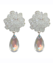Chic White Sterling Silver Alloy Crystal Floral Water Drop Drop Earrings