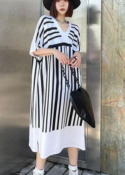 Chic White Striped Cotton Dress V Neck Summer Long Dresses - SooLinen