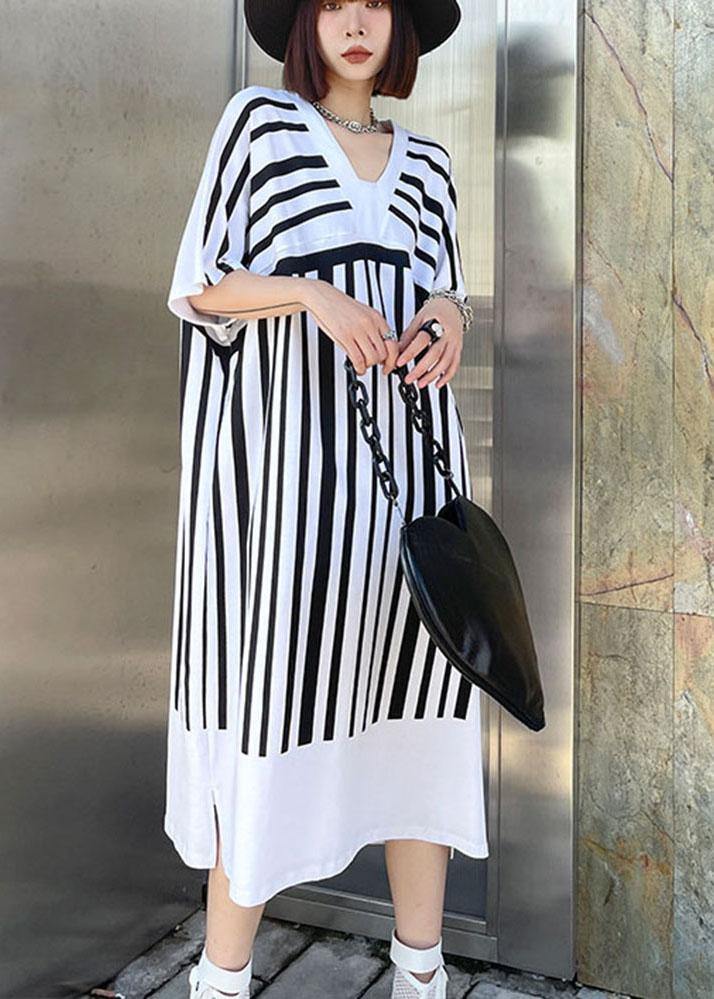 Chic White Striped Cotton Dress V Neck Summer Long Dresses - SooLinen