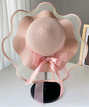 Chic White Tulle Patchwork Bow Straw Woven Floppy Sun Hat