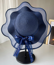 Chic White Tulle Patchwork Bow Straw Woven Floppy Sun Hat