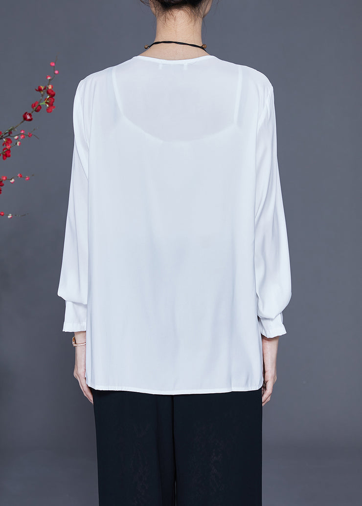 Chic White V Neck Asymmetrical Print Chiffon Shirt Spring