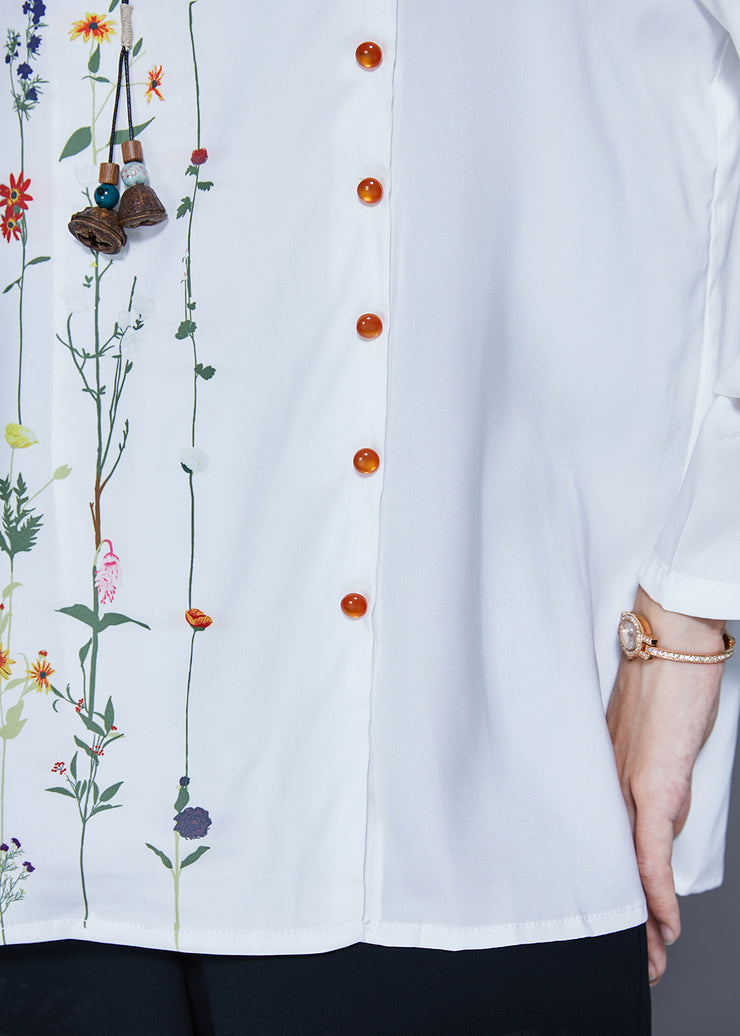 Chic White V Neck Asymmetrical Print Chiffon Shirt Spring
