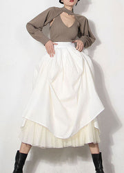 Chic White Zip Up lace Patchwork beach Skirts Spring