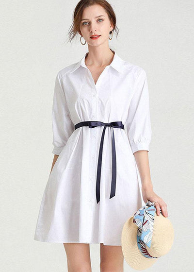 Chic White fashion Bow Summer Cotton Holiday Dress Half Sleeve - SooLinen