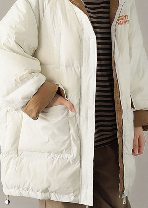 Schicker weißer Kapuzen-Taschen Lässiger Winter-Daunenmantel