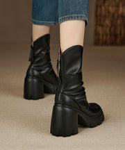 Chic Wrinkled Zippered Splicing Chunky Boots Black Cowhide Leather