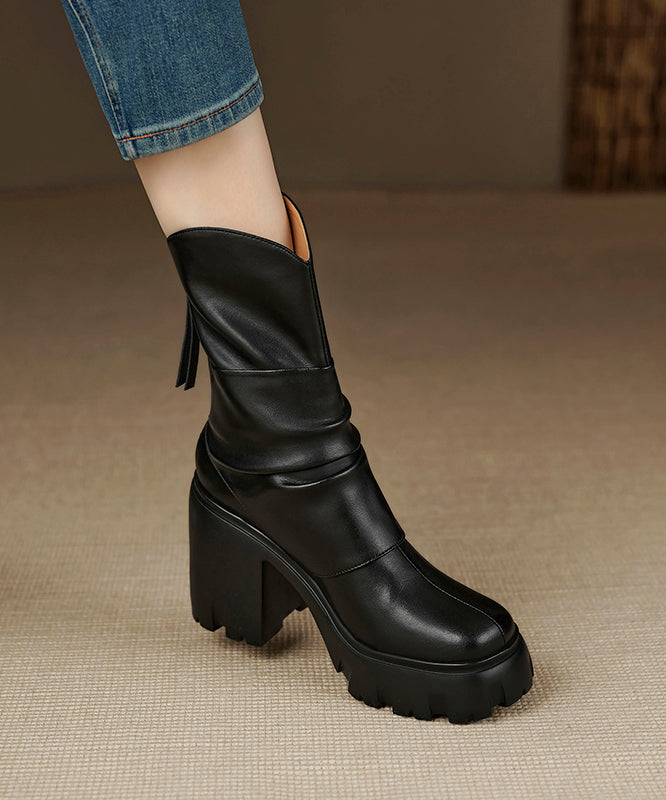 Chic Wrinkled Zippered Splicing Chunky Boots Black Cowhide Leather