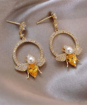 Chic Yellow Alloy Crystal Zircon Bee Hoop Earrings