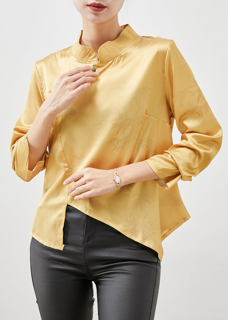 Chic Yellow Asymmetrical Silm Fit Silk Shirt Spring