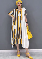 Chic Yellow Asymmetrical Striped Print Patchwork Cotton Maxi Dresses Short Sleeve