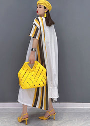Chic Yellow Asymmetrical Striped Print Patchwork Cotton Maxi Dresses Short Sleeve
