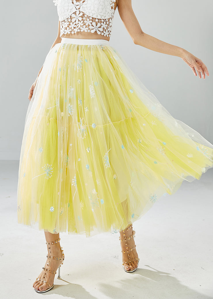 Chic Yellow Dandelion Embroidered Wear On Both Sides Tulle Skirts Summer