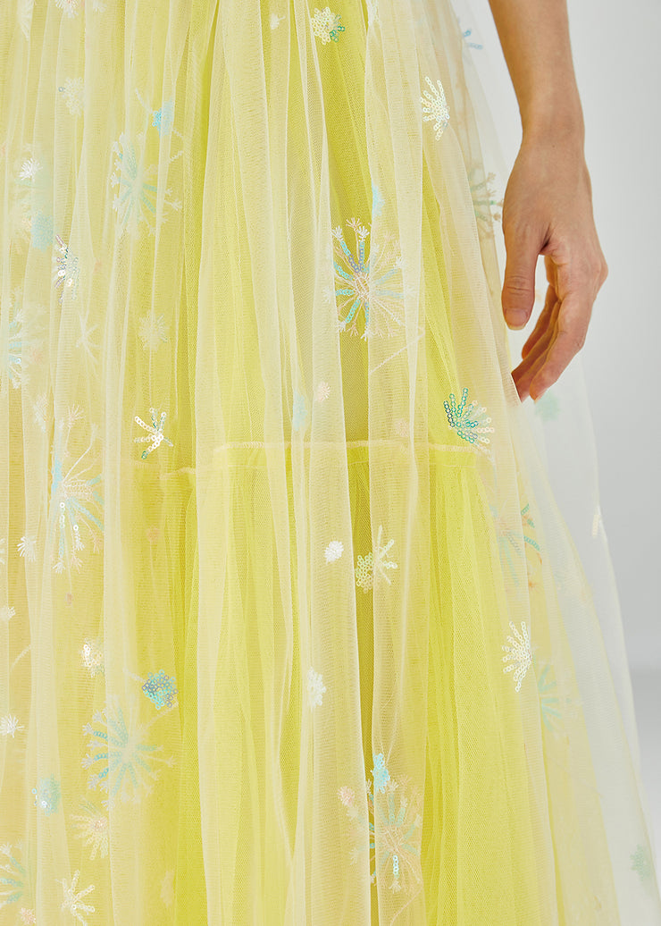 Chic Yellow Dandelion Embroidered Wear On Both Sides Tulle Skirts Summer